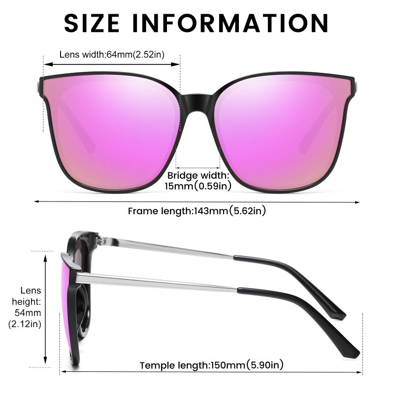 DUCO Oversized Polarized Sunglasses Womens Trendy Mirrored Shades Retro Round Vintage Light Weight UV400 Sun Glasses W016 (02- Black Frame Revo Pink Lens) - Image 3